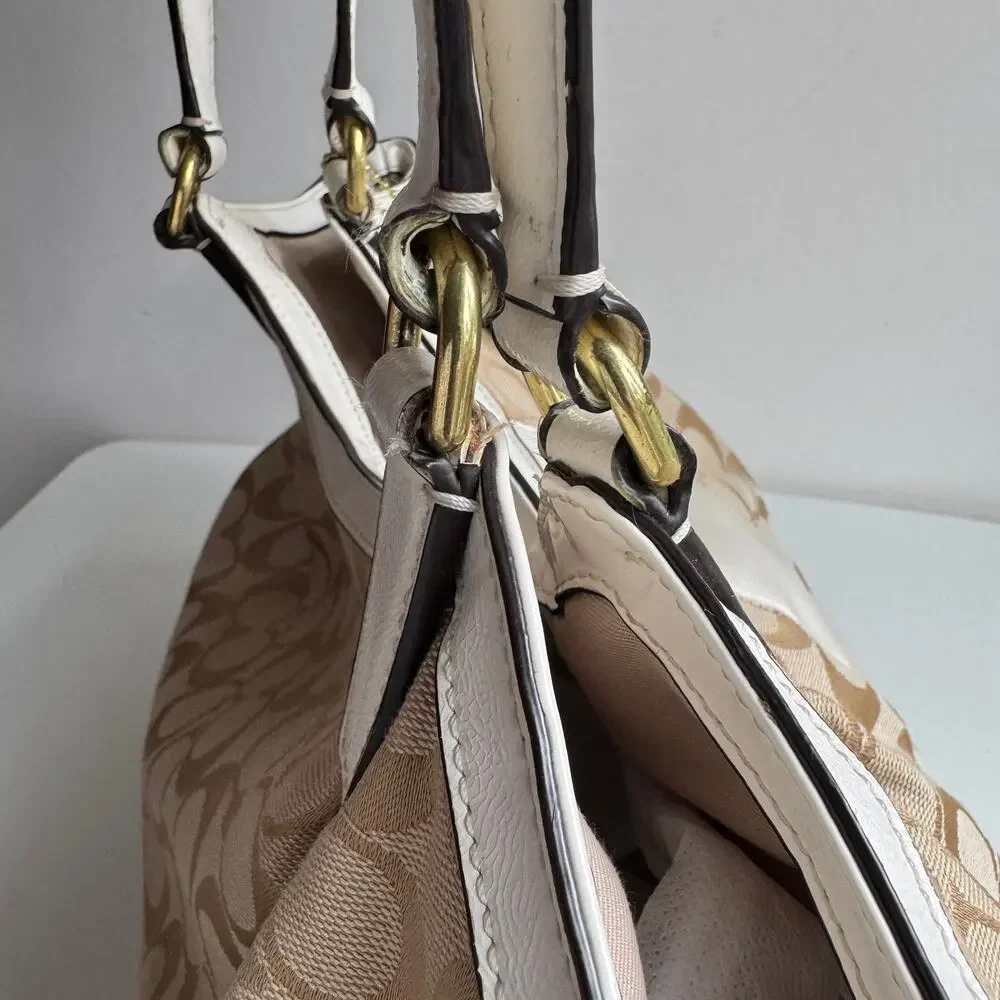 Coach Signature Monogram Satin Stripe Tan Canvas White Leather Devin Bag